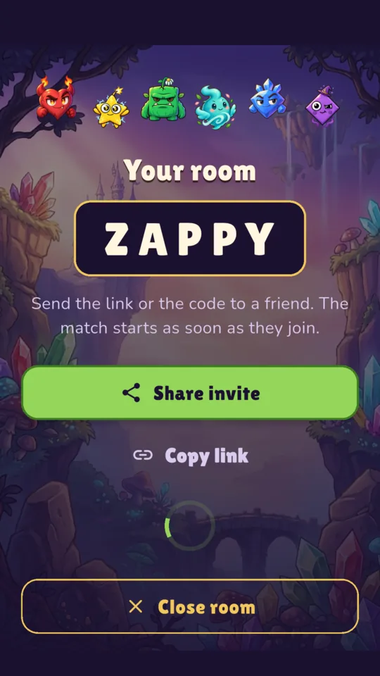 A room code ready to share with a friend
