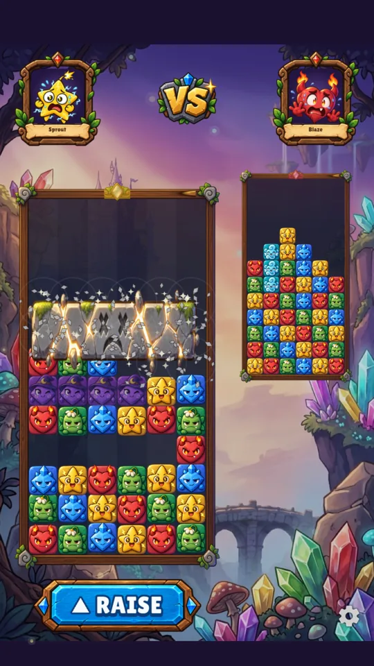 A stone slab cracking into colored blocks after a match beneath it