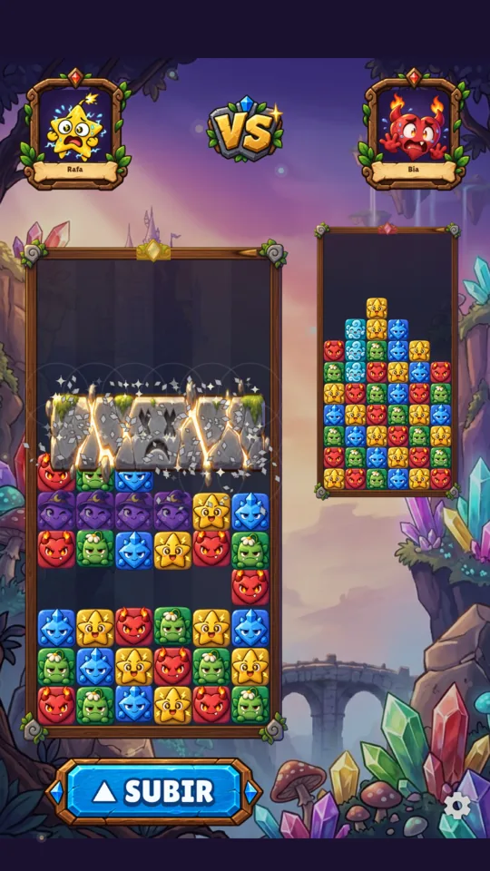 Uma laje de pedra se partindo em blocos coloridos depois de uma combinação logo abaixo